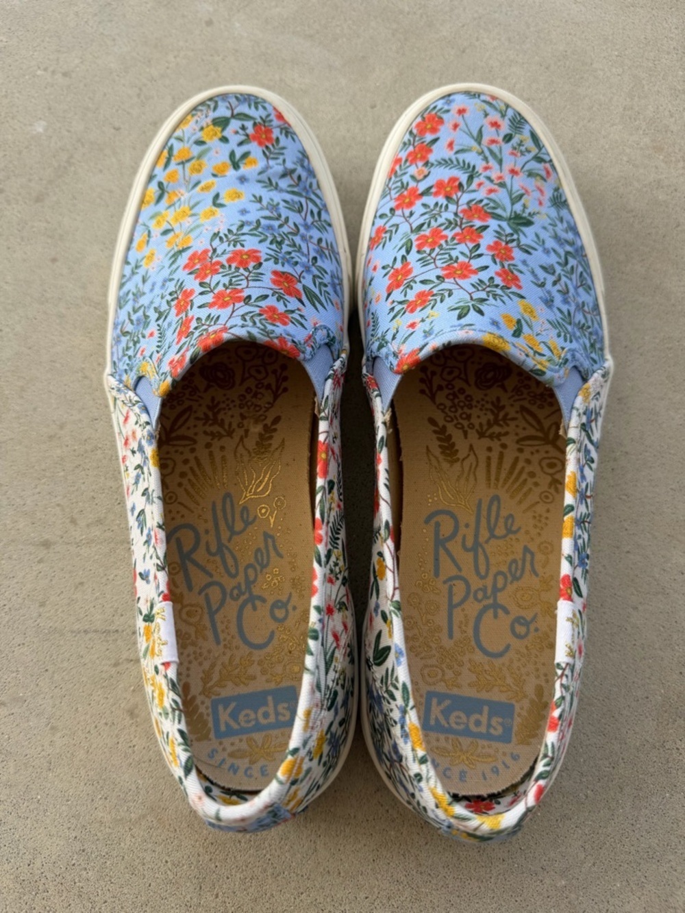Keds + Rifle Paper Co. Blue White Floral Slip-On Sneaker Shoes Women's Size 10 - Picture 3 of 11